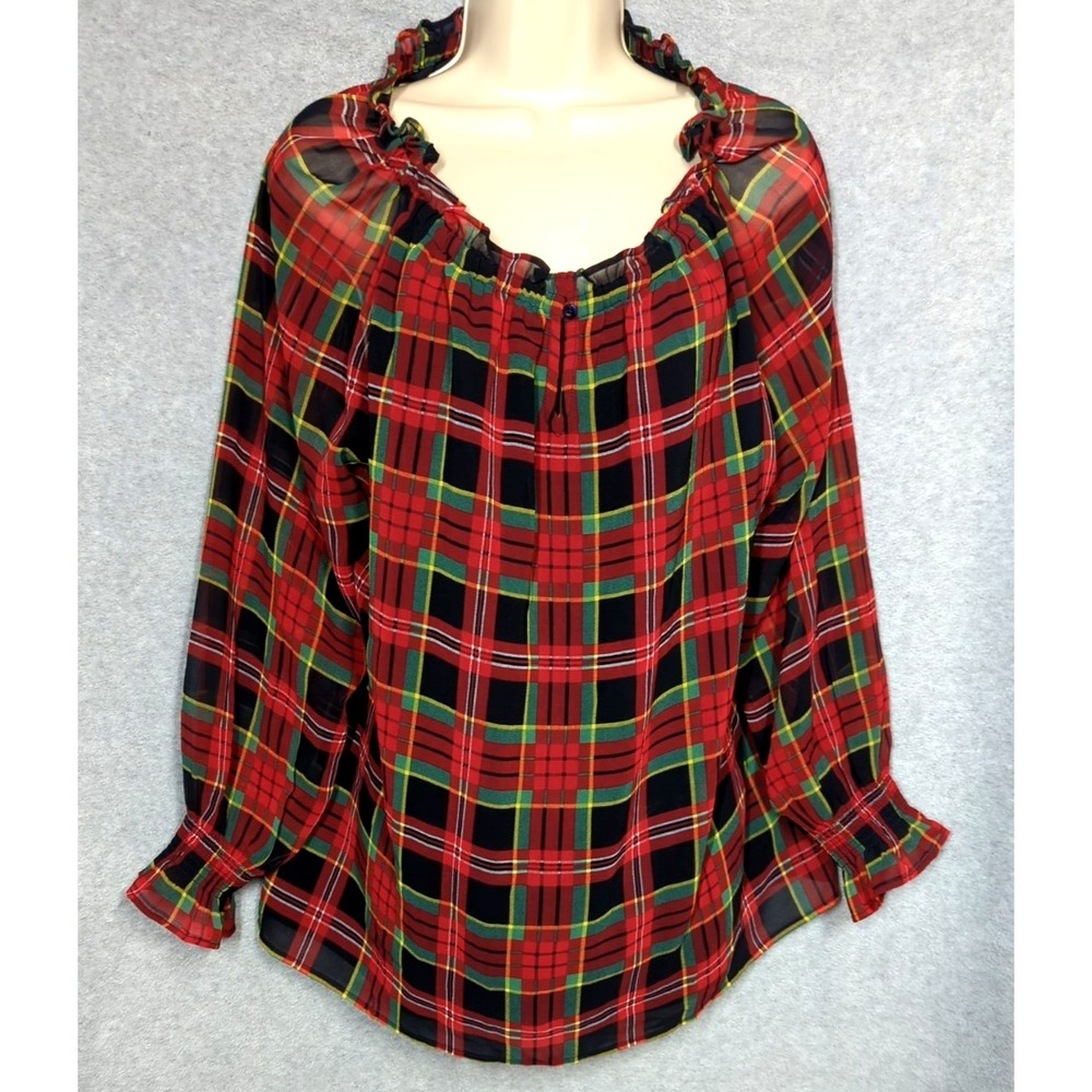 New Talbots Tartan Red Plaid Blouse L Ruffle Sheer Bell Sleeve Timeless Feminine